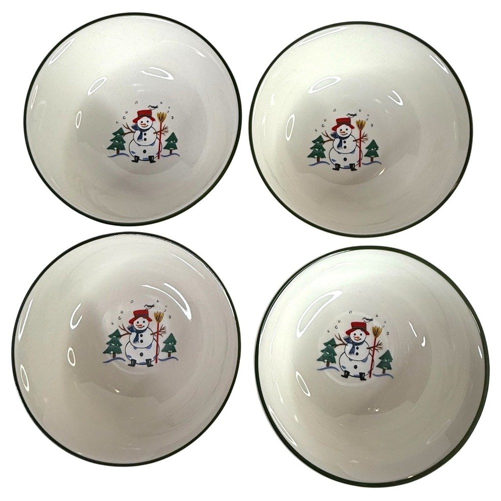 4 Pfaltzgraff Snow Village Bowl Set Cereal Soup Christmas Snowman Vintage